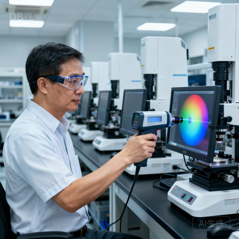 DB视讯首席技术官林博士在光学实验室内使用精密色彩分析仪对显示屏进行逐点校准，佩戴护目镜，身后是整齐排列的检测设备，展现严谨的研发态度。