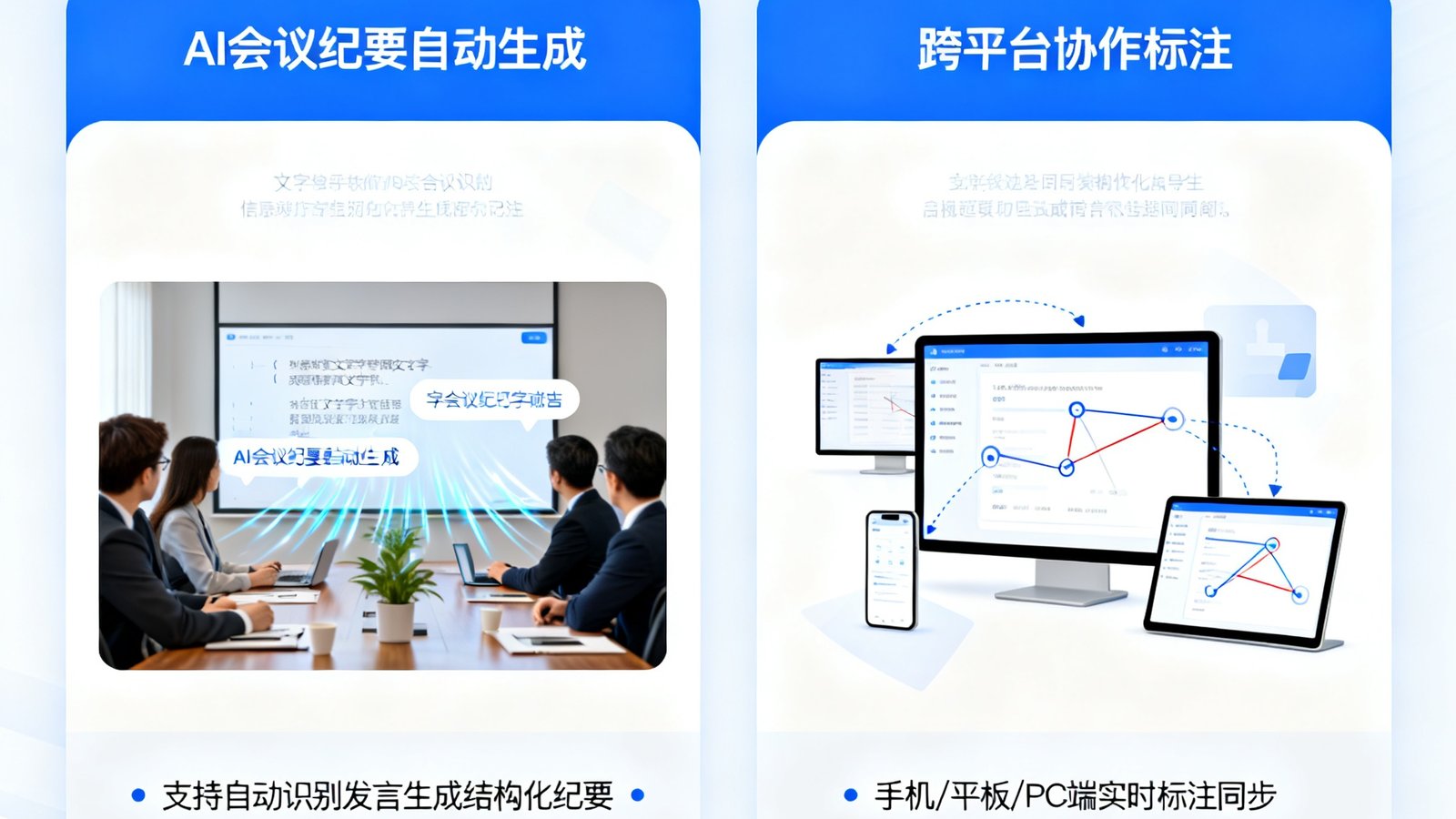 DB视讯智慧会议平板V5版本固件更新界面，展示AI会议纪要自动生成和跨平台协作标注两大新功能模块。